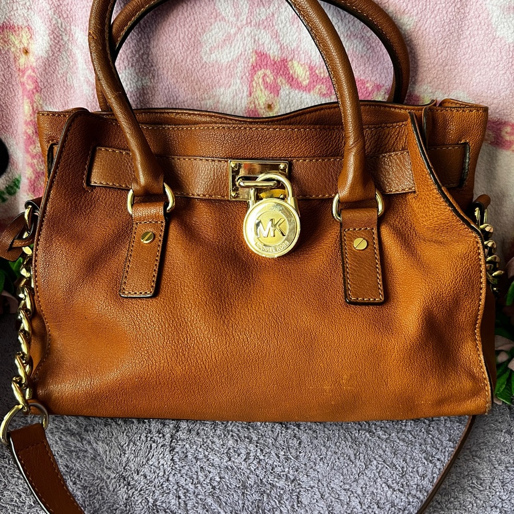 Michael Kors Cognac Brown Leather Satchel with Gold Hardware